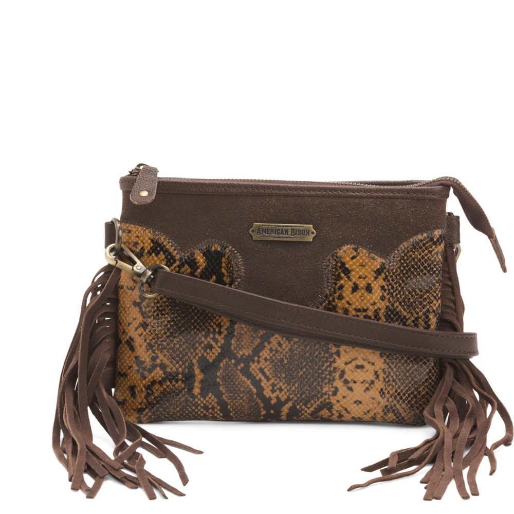 AMERICAN BISON Geniune Leather Fringe Slim Crossbody w/Snake Print Embellishment